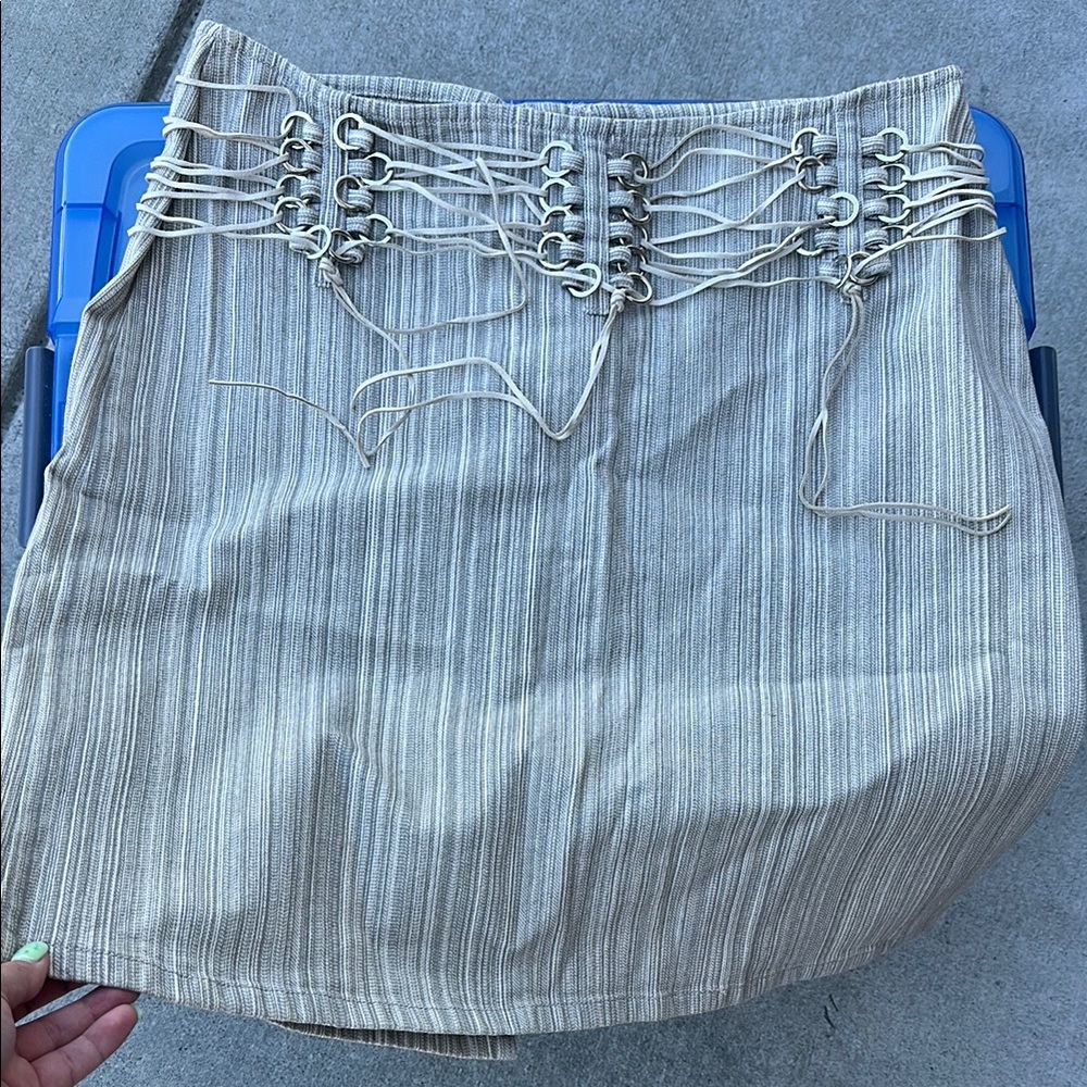 Striped Tan Skirt with Lace-Up Detail